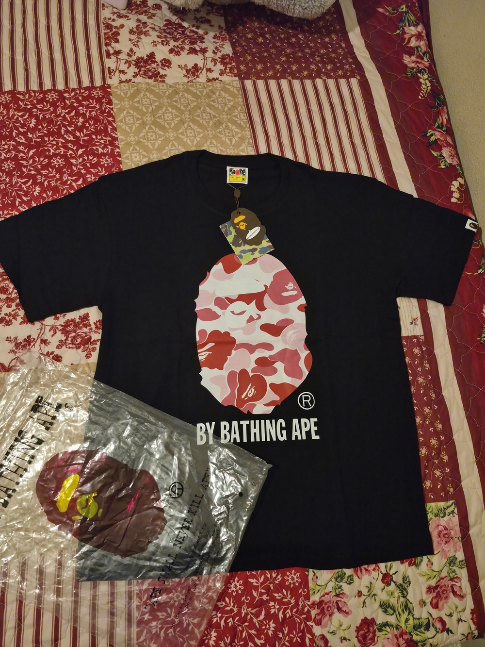 Bape Black T-Shirt with Pink & Red Camo Ape Logo
